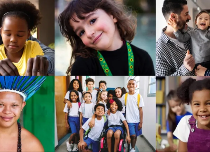 Colagem com seis fotos de crianças, adolescentes e adultos diversos em momentos de interação, incluindo uma criança em cadeira de rodas, em ambientes escolares e familiares.